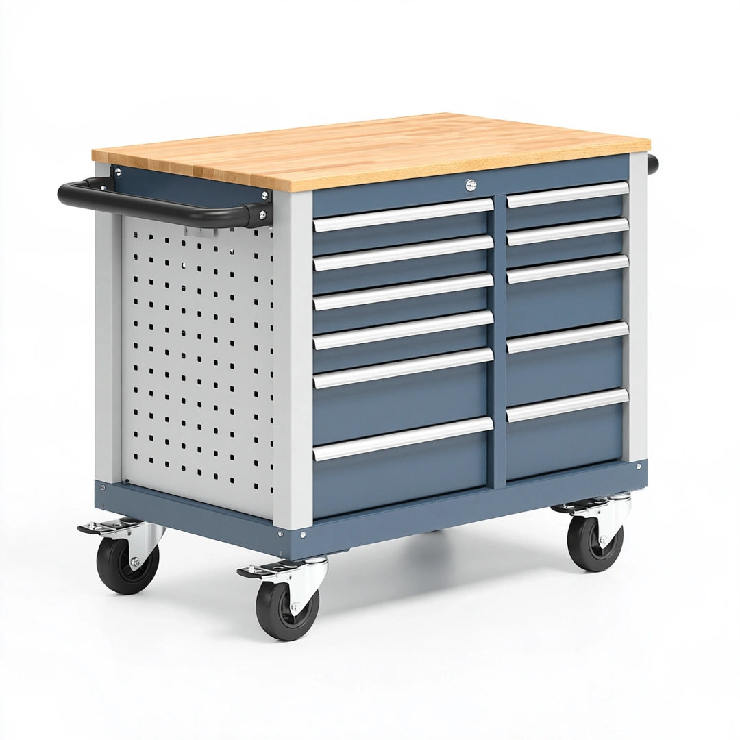 Servante d'atelier 90 x 50 x 95 cm acier bleu gris plateau bois mobile à 11 tiroirs