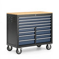 Servante d'atelier 113 x 52 x 96 cm en acier noir bleu avec plateau en bois et 13 tiroirs sur roulettes