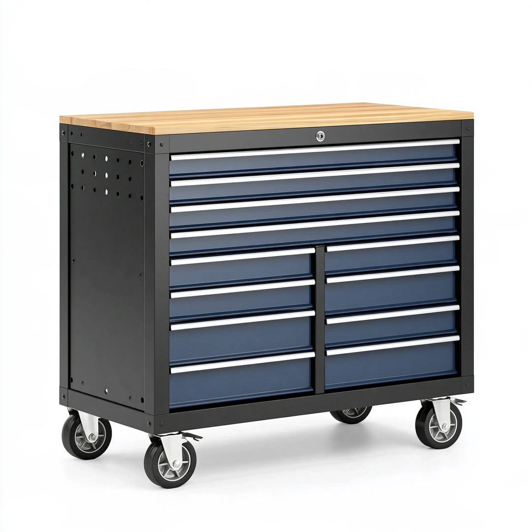 Servante d'atelier 113 x 52 x 96 cm en acier noir bleu avec plateau en bois et 13 tiroirs sur roulettes