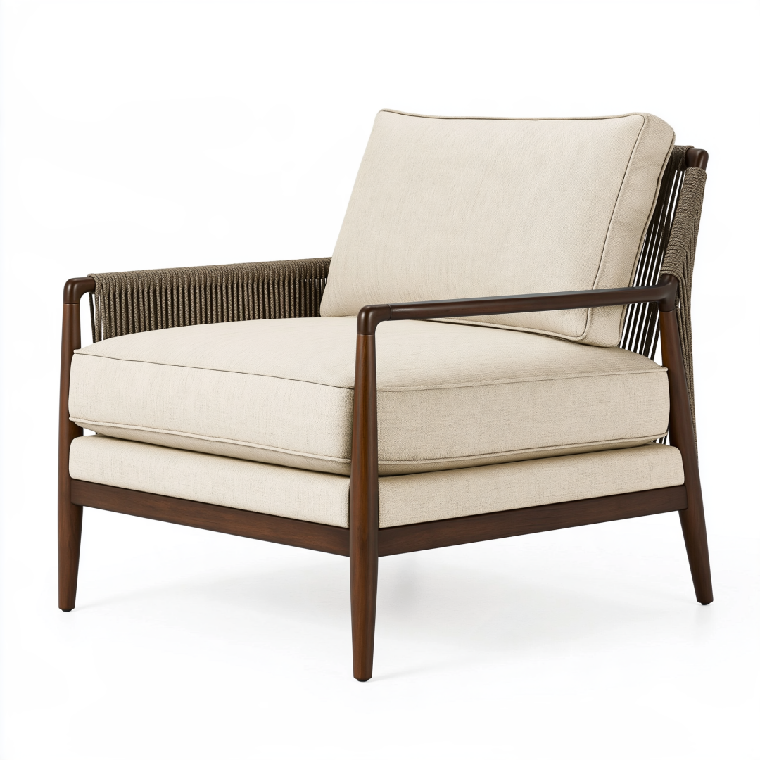 Fauteuil 78 x 82 x 86 cm en bois et tissu beige - accoudoirs tressés