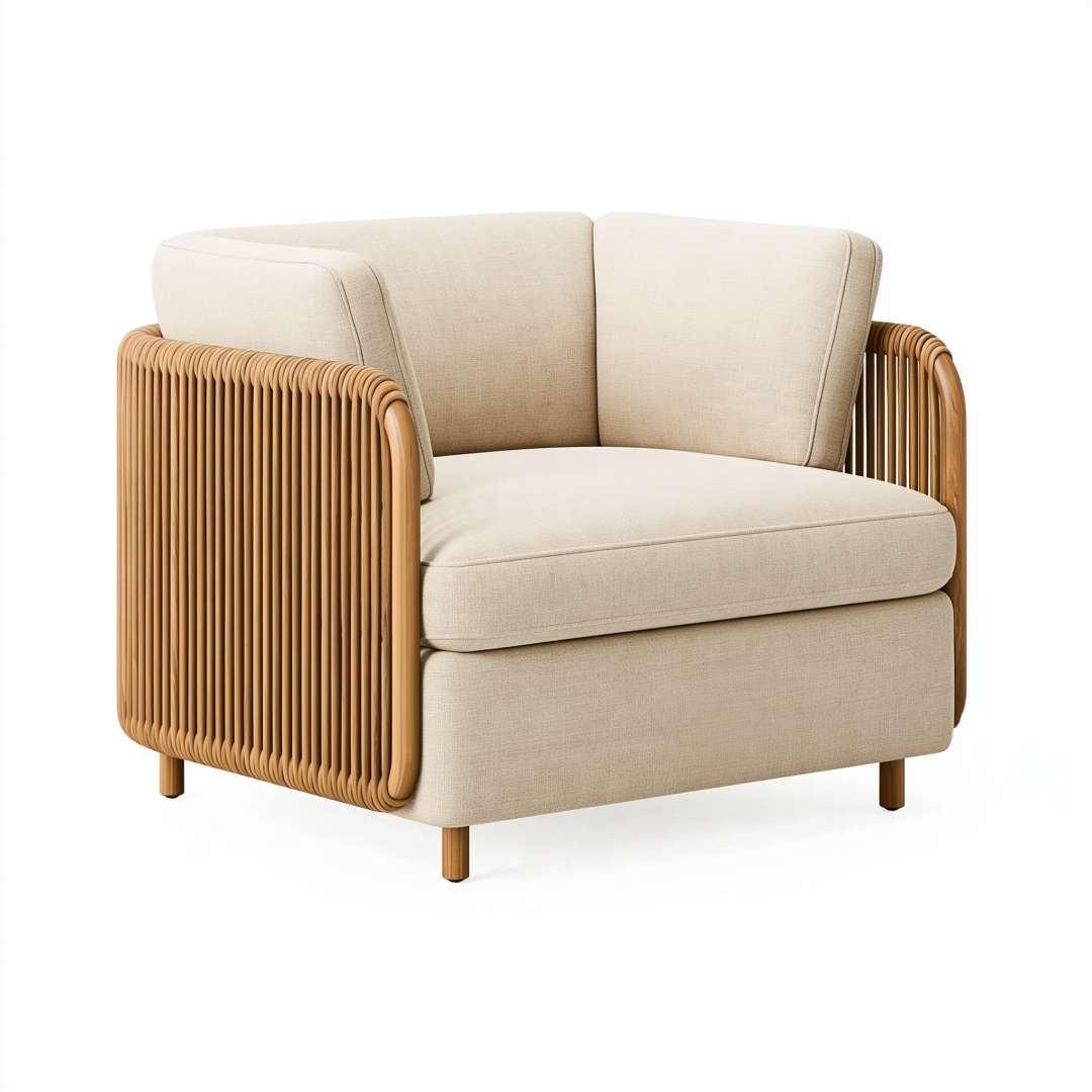 Fauteuil 82 x 85 x 82 cm en tissu beige et rotin style contemporain