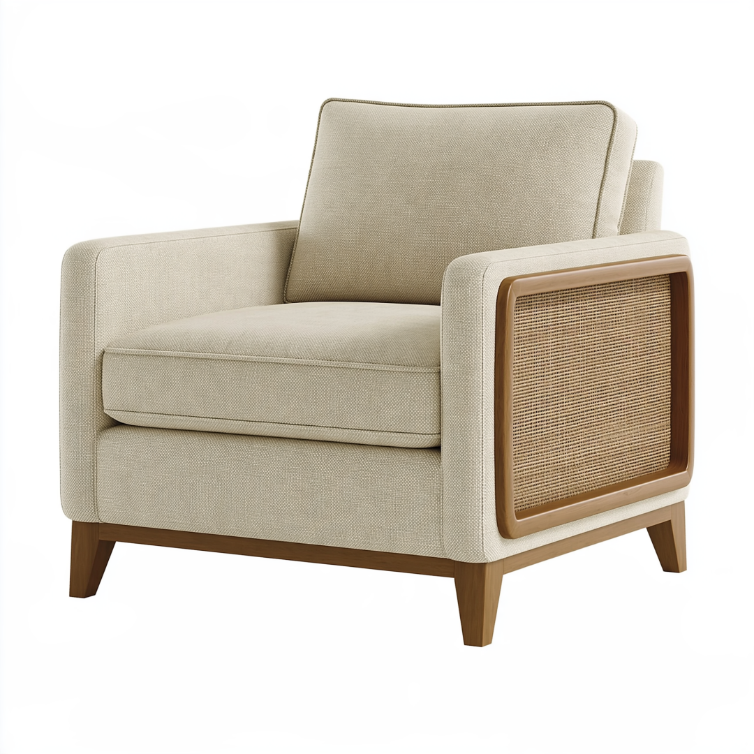 Fauteuil 85 x 82 x 86 cm en tissu beige avec bois et cannage style contemporain