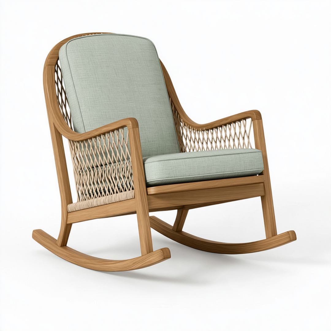Fauteuil à bascule 70 x 95 x 100 cm en bois naturel et corde beige avec coussins vert pâle style bohème