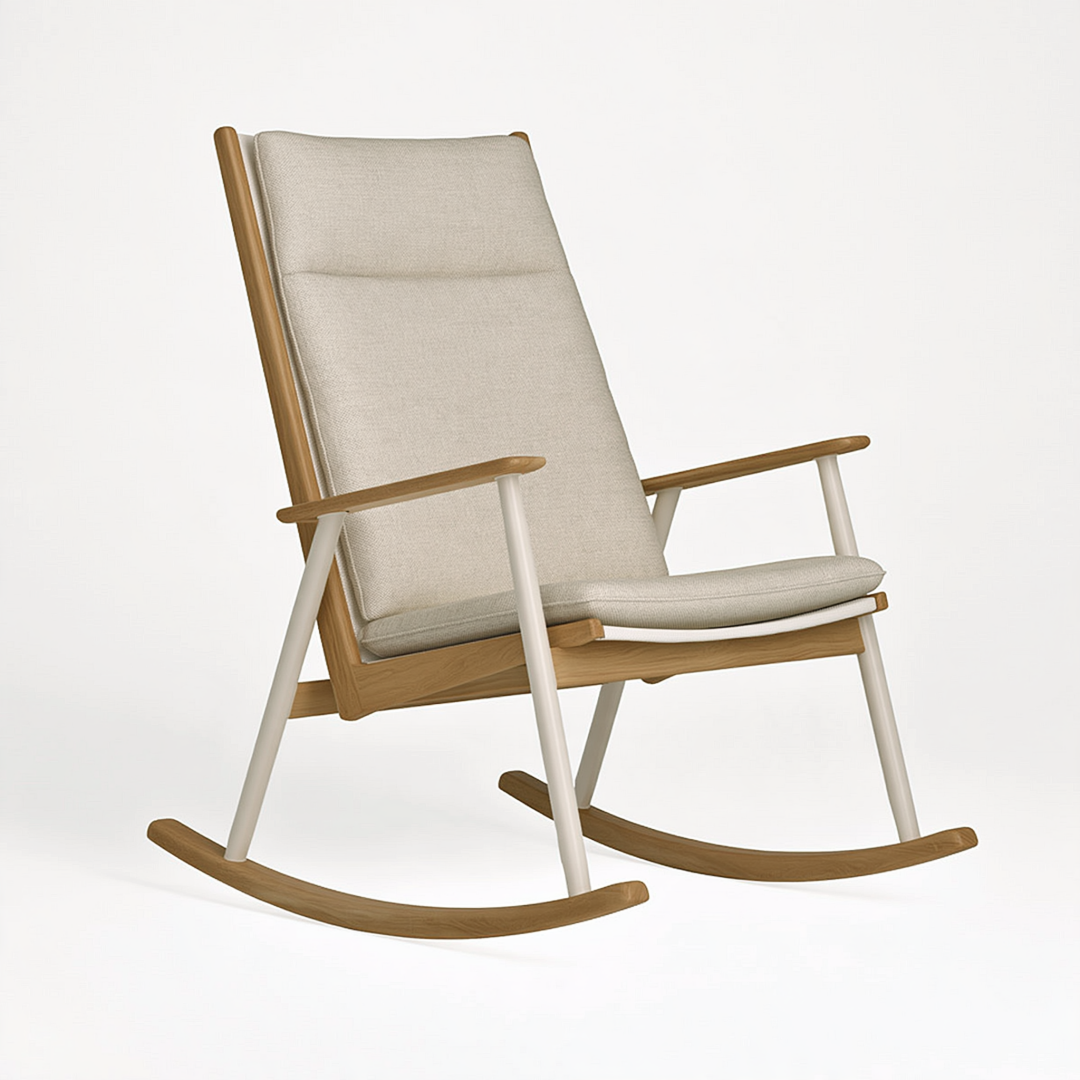 Fauteuil à bascule 70 x 95 x 100 cm en bois et tissu beige style scandinave