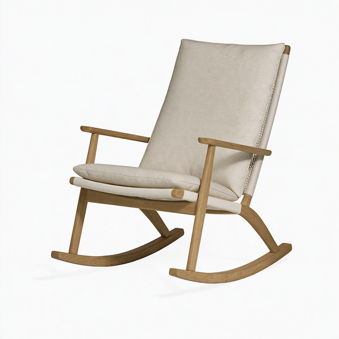 Fauteuil à bascule 70 x 95 x 105 cm en bois et tissu beige style scandinave