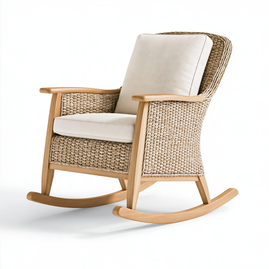 Fauteuil à bascule 72 x 92 x 102 cm en rotin et bois beige avec coussins style naturel