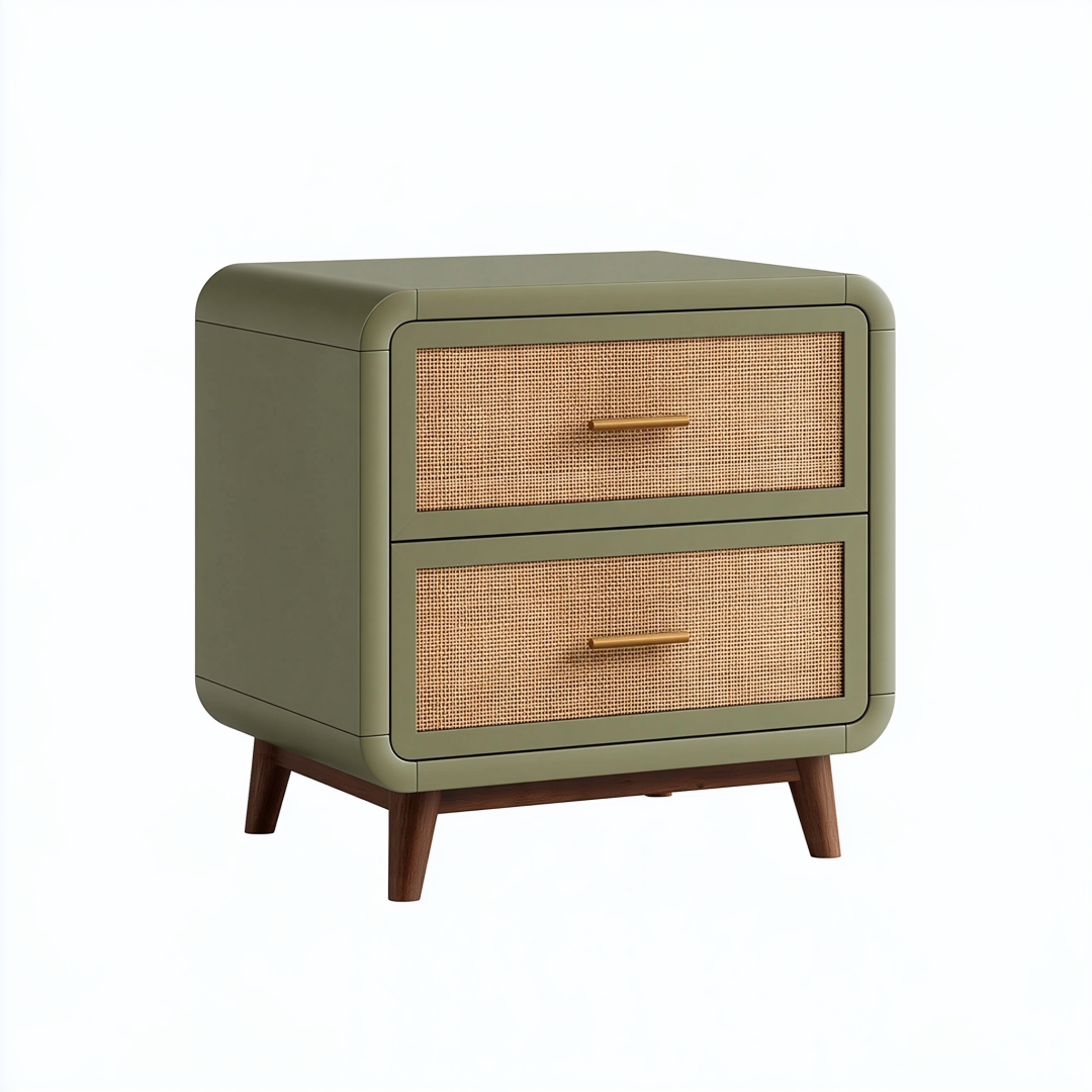 Table de chevet 55 x 40 x 60 cm vert kaki en bois et cannage - 2 tiroirs style rétro