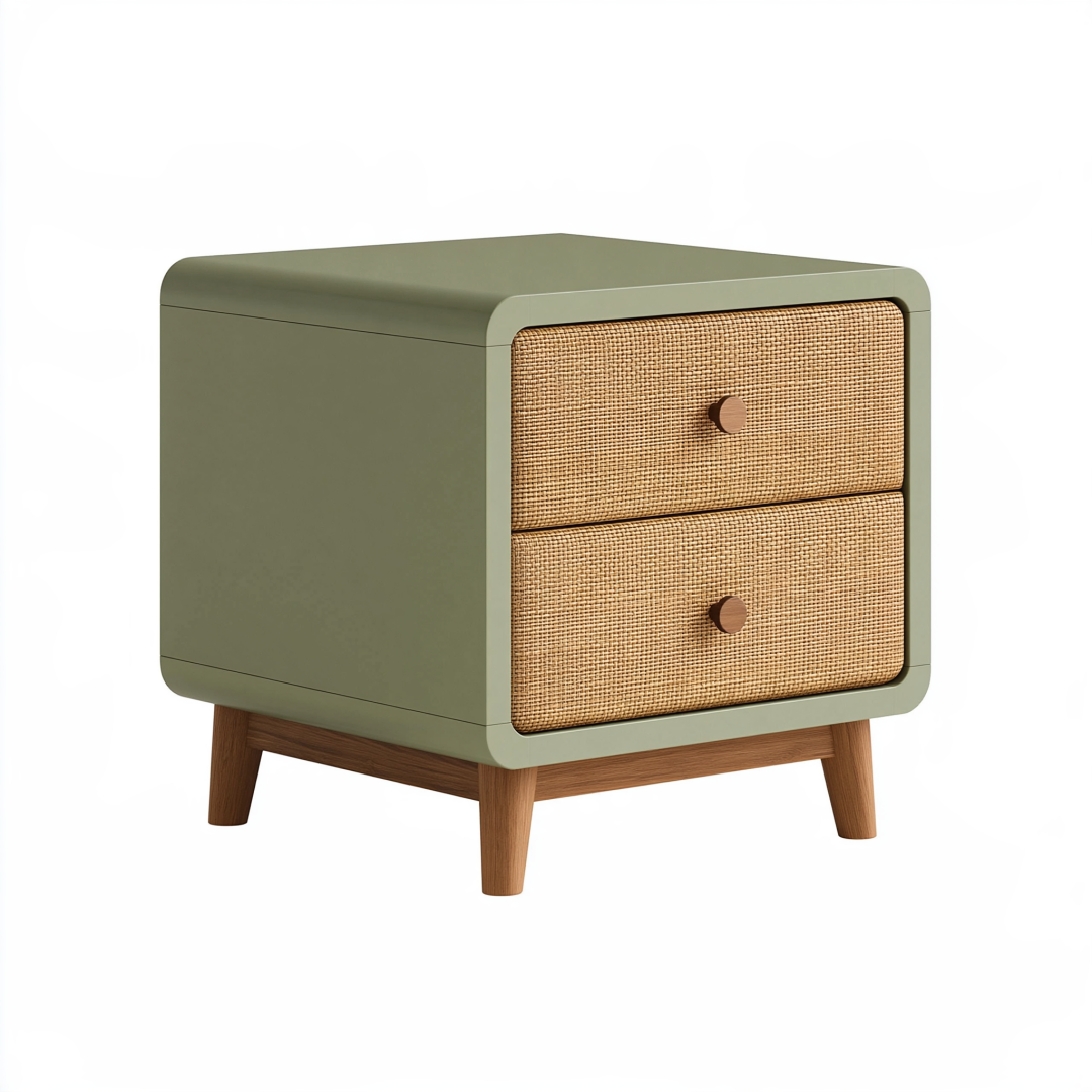 Table de chevet 50 x 40 x 55 cm bois vert kaki cannage 2 tiroirs style rétro