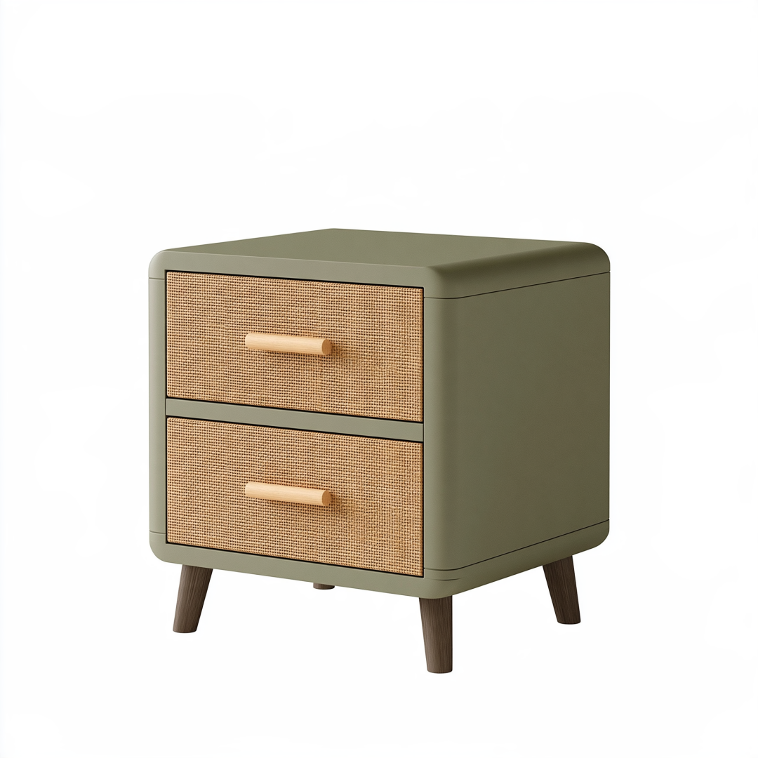 Table de chevet 50 x 40 x 55 cm vert olive en bois et rotin à 2 tiroirs style rétro