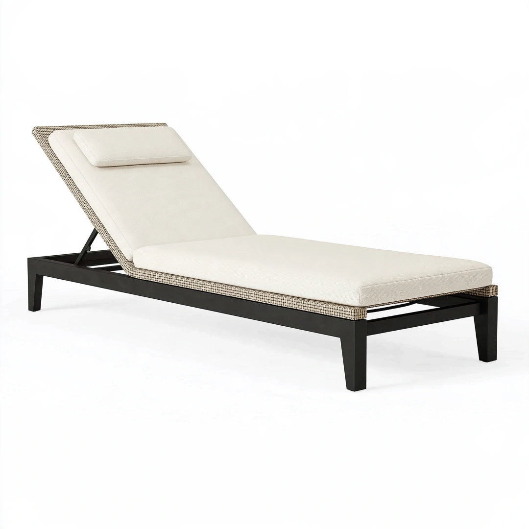 Chaise longue de jardin 200 x 70 cm en métal noir et fibre tressée beige avec dossier réglable