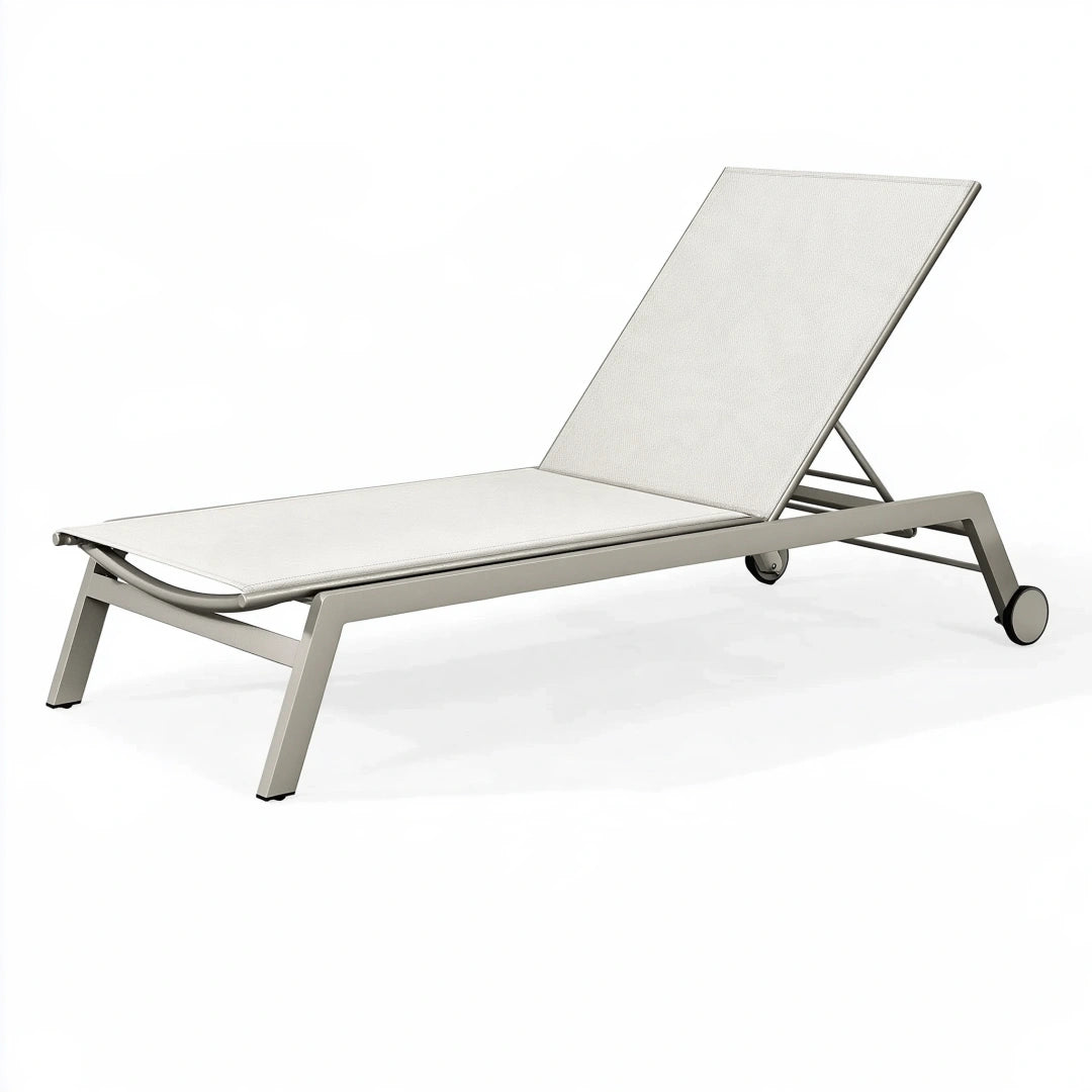 Bain de soleil 200 x 65 cm en aluminium gris avec dossier réglable et roulettes