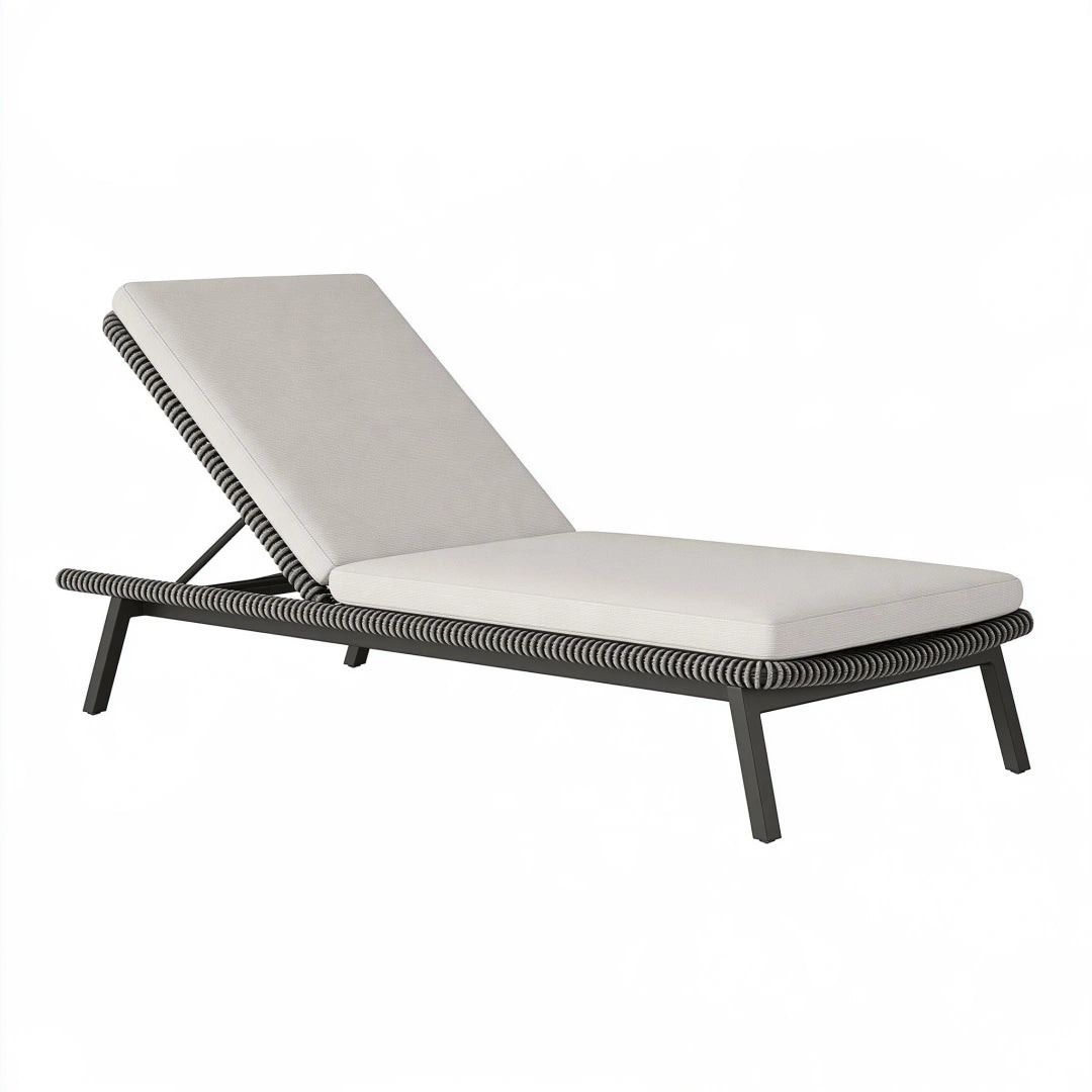 Chaise longue de jardin 200 x 70 cm en aluminium noir et corde grise avec coussins écrus dossier inclinable