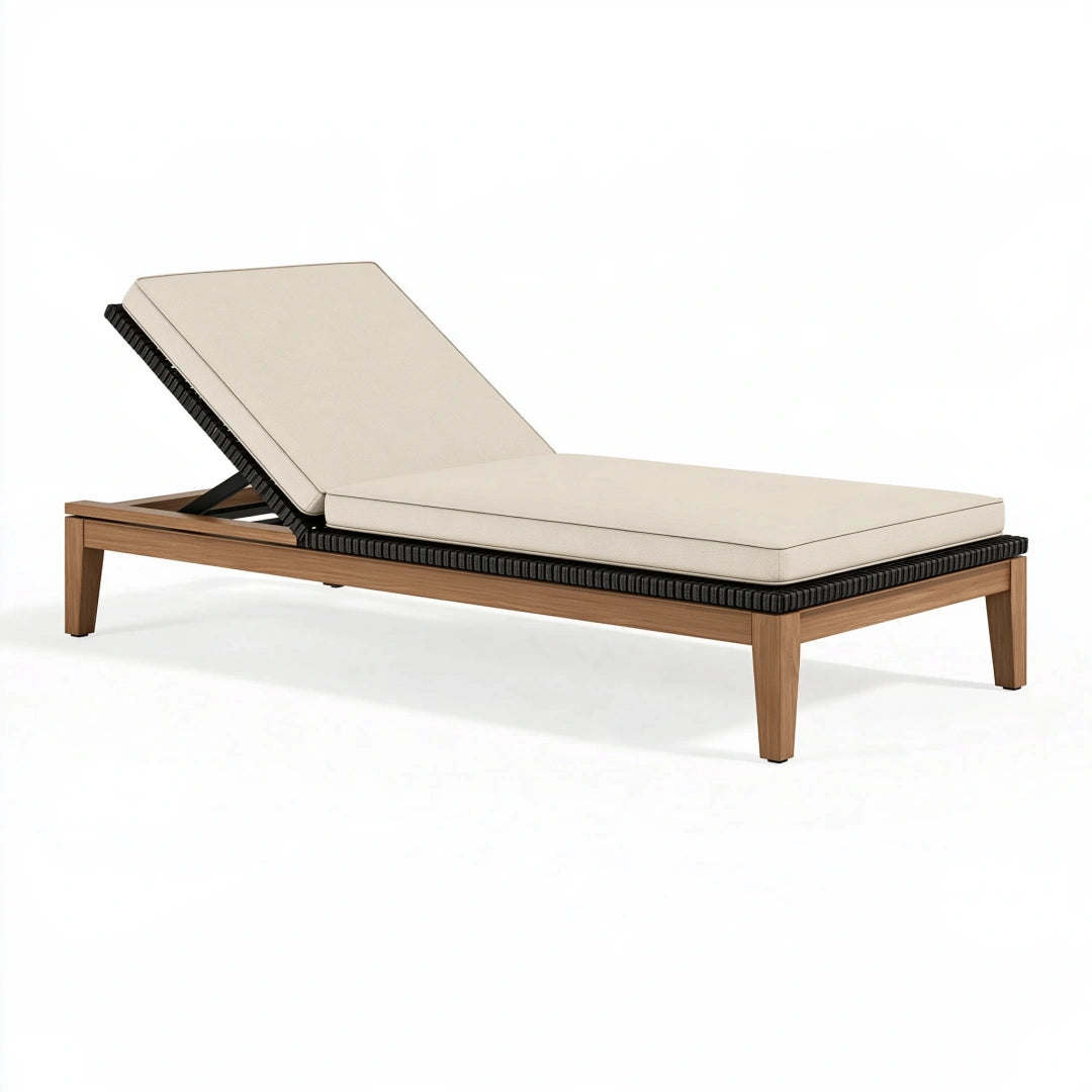 Chaise longue 200 x 70 cm en bois beige et noir avec dossier réglable pour extérieur