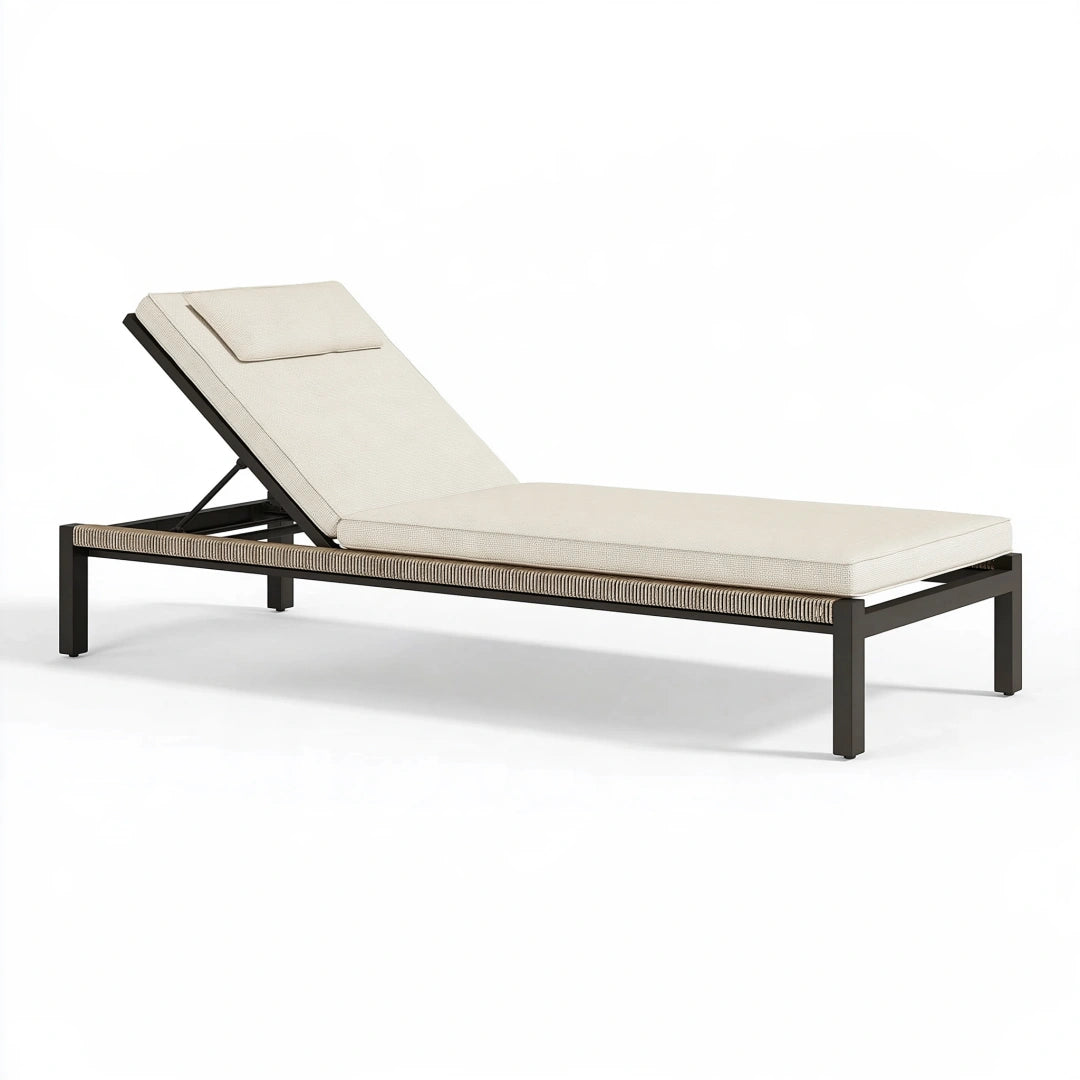 Bain de soleil 200 x 70 x 85 cm en métal noir et tissu beige - dossier inclinable extérieur